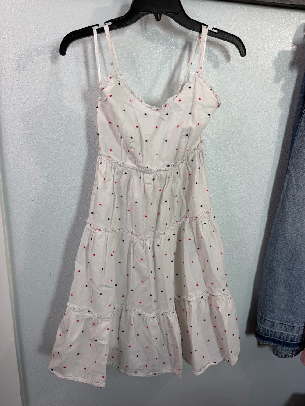White With Red & Blue Polka Dot Tiered Summer Dress - Sleeveless